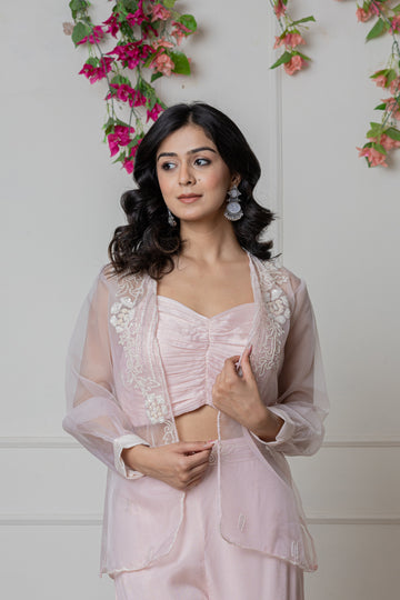 Baby Pink Ruched Bustier Set with Embroidered Organza Jacket