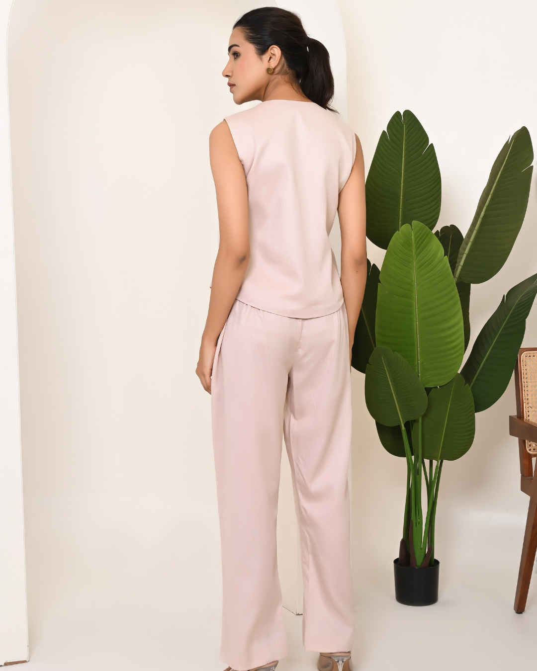 Solid Cotton Vest And Wide Leg Pants Coord Set