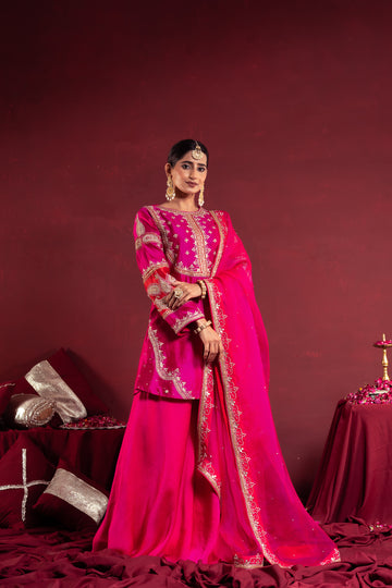 Magenta Pink Embroidered Sharara Suit Set