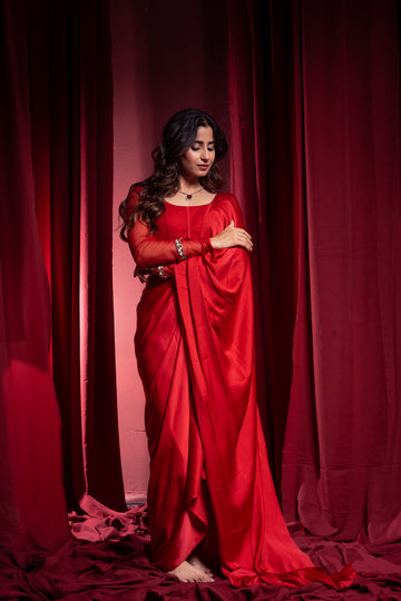 Crimson Red Draped Saree with full sleeves Blouse