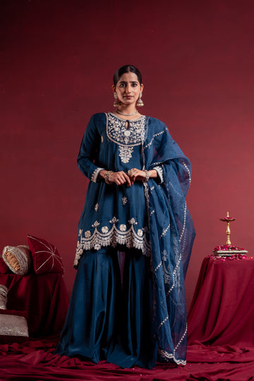 Teal Blue Embroidered Sharara Suit Set
