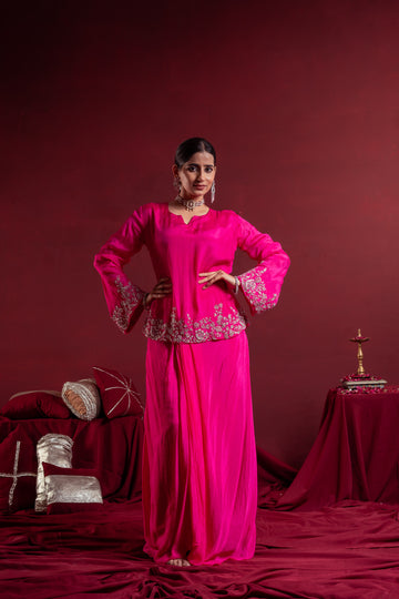 Women’s Fuchsia Pink Embroidered top with draped skirt