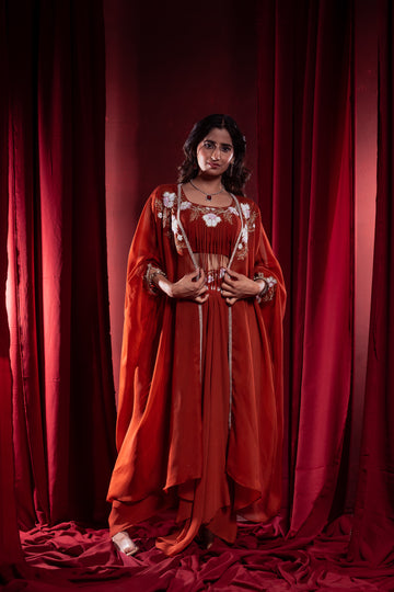 Rust Orange Embroidered Layered Ethnic Dress with Cape