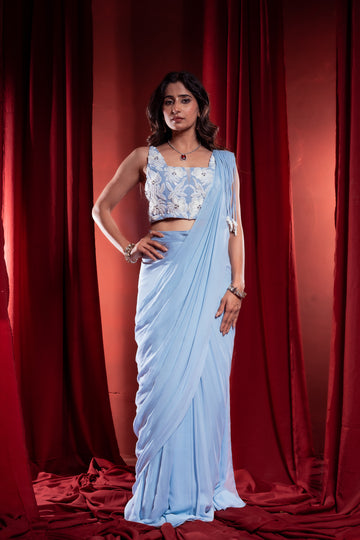 Powder Blue Drape Saree with Embroidered Blouse