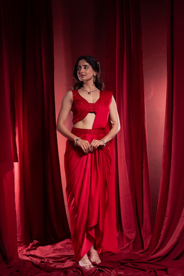 Crimson Red Draped Saree with Embellished Blouse