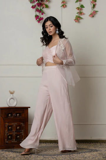 Baby Pink Ruched Bustier Set with Embroidered Organza Jacket Where Soft Romance Meets Modern Luxury