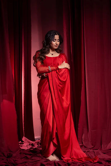 Crimson Red Draped Saree with Full Sleeves Blouse A Royal Statement of Modern Elegance