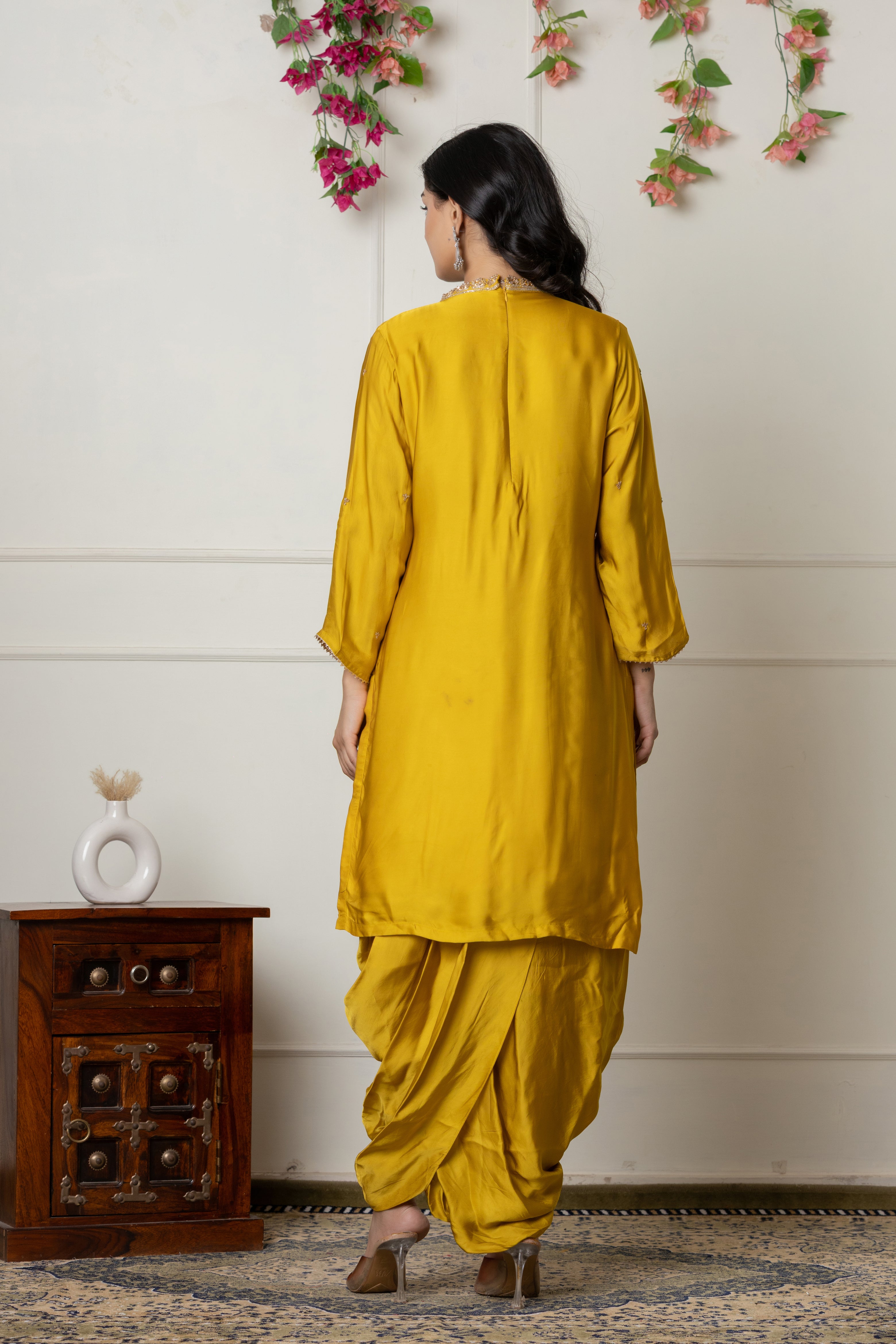 Mustard Zardozi Embellished Kurta Set with Pleated Drape Skirt and Dupatta