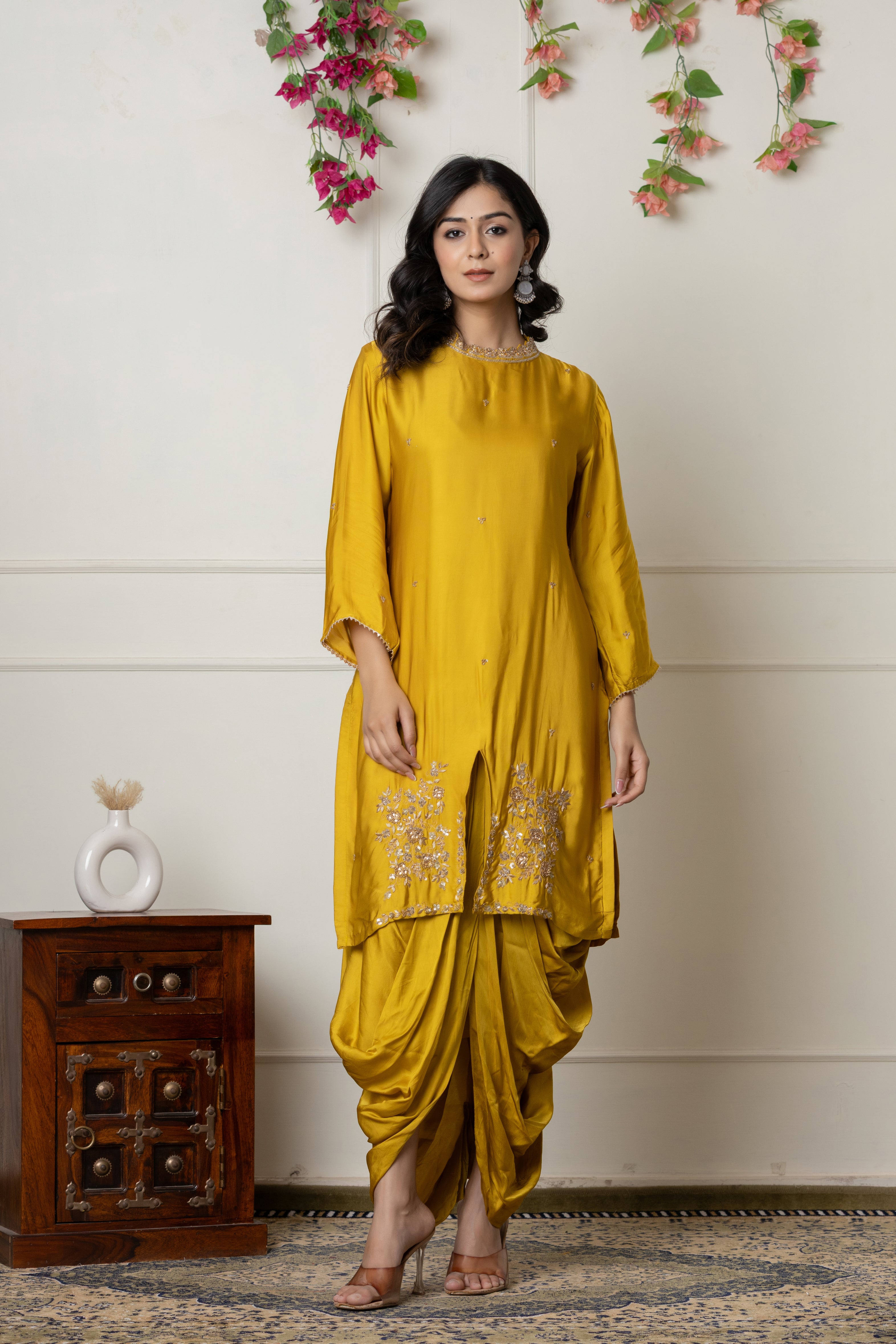 Mustard Zardozi Embellished Kurta Set with Pleated Drape Skirt and Dupatta