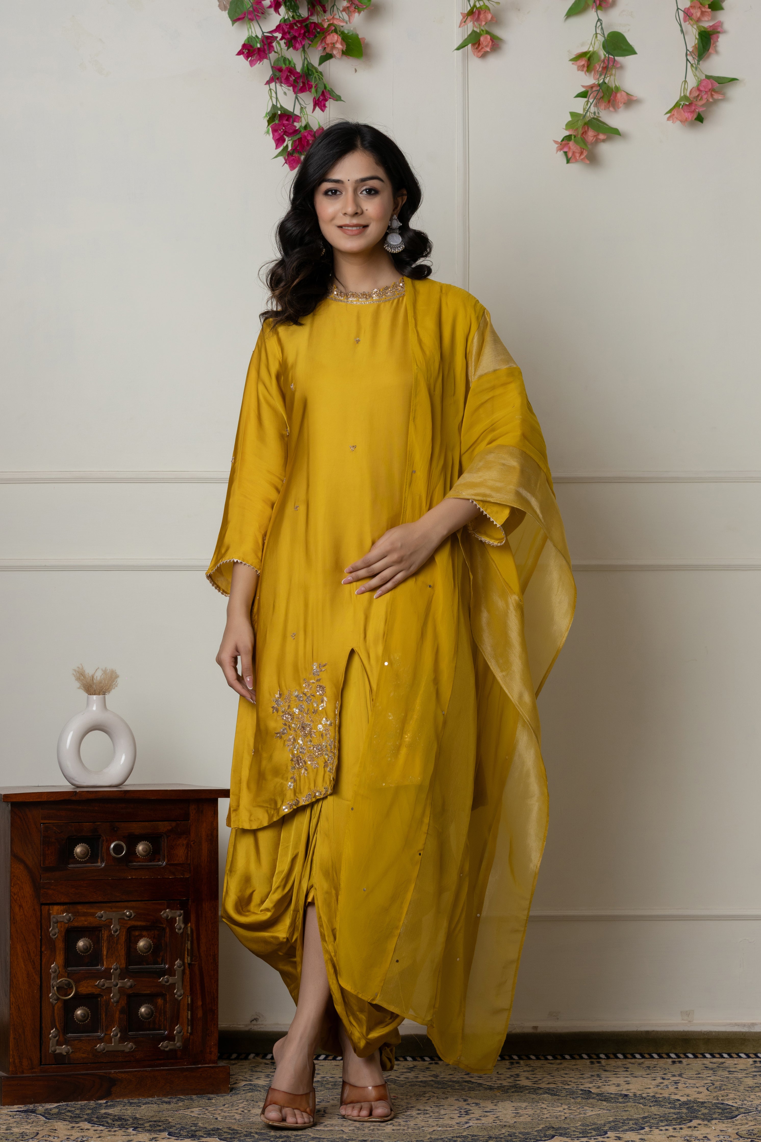 Mustard Zardozi Embellished Kurta Set with Pleated Drape Skirt and Dupatta