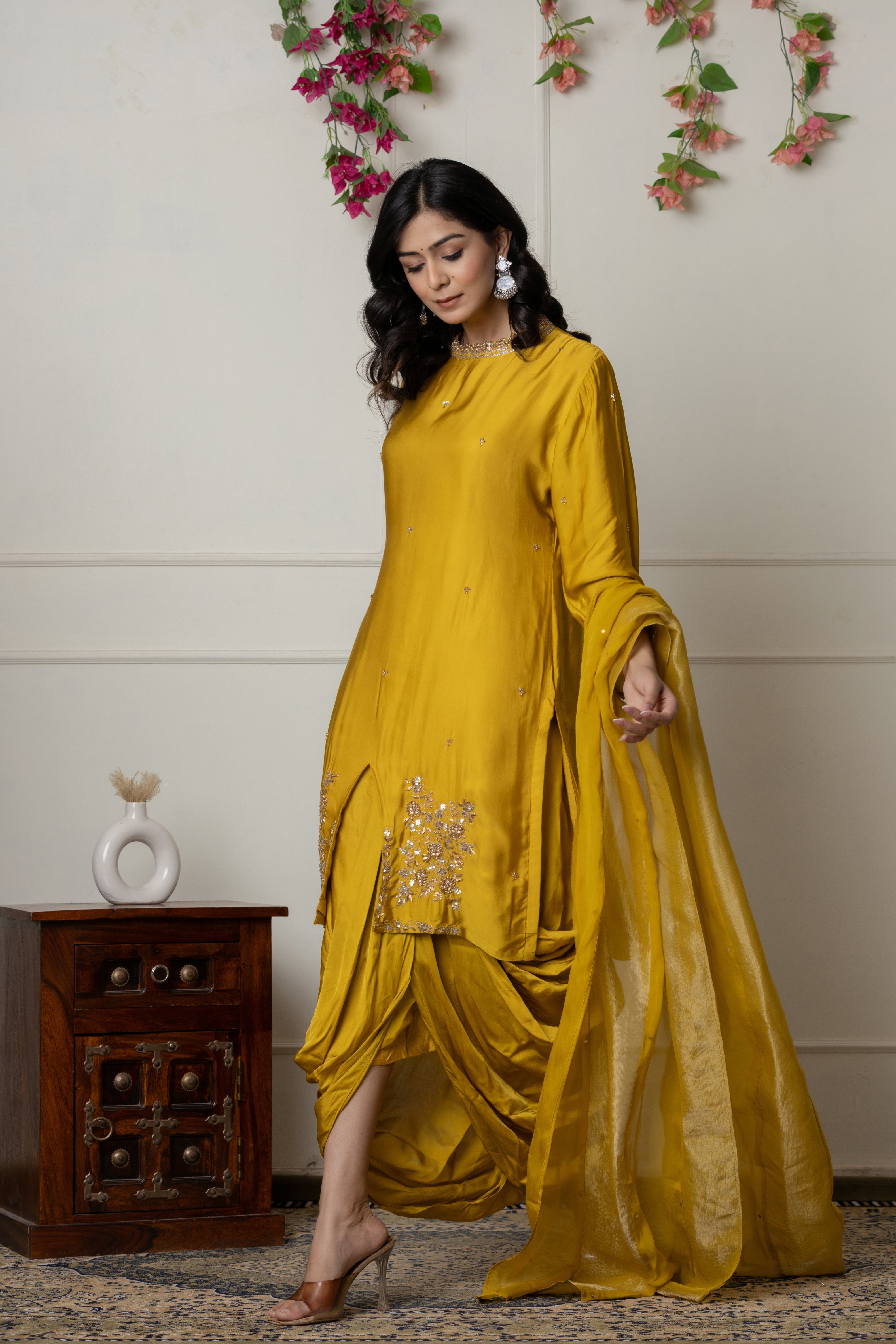 Mustard Zardozi Embellished Kurta Set with Pleated Drape Skirt and Dupatta
