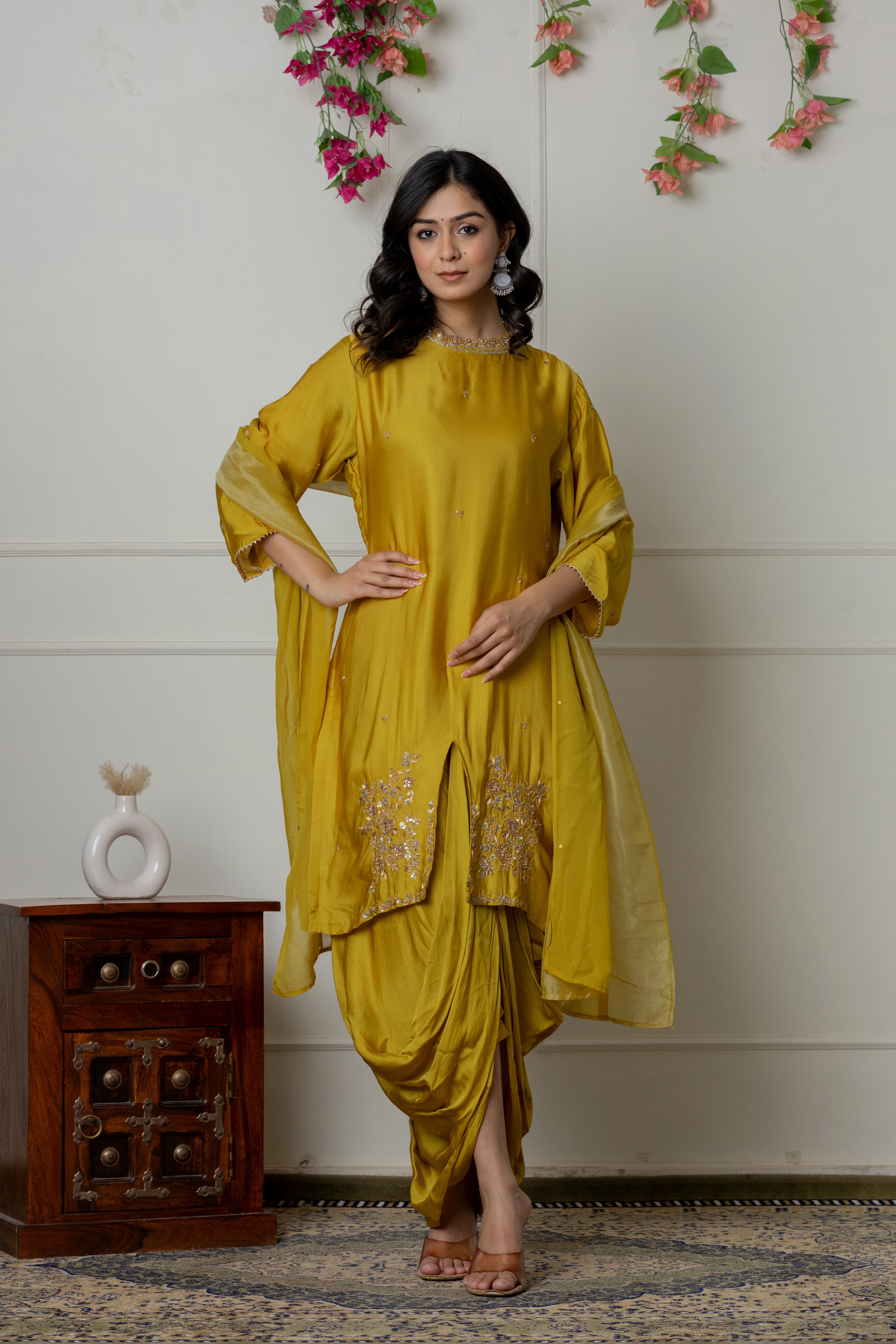 Mustard Zardozi Embellished Kurta Set with Pleated Drape Skirt and Dupatta