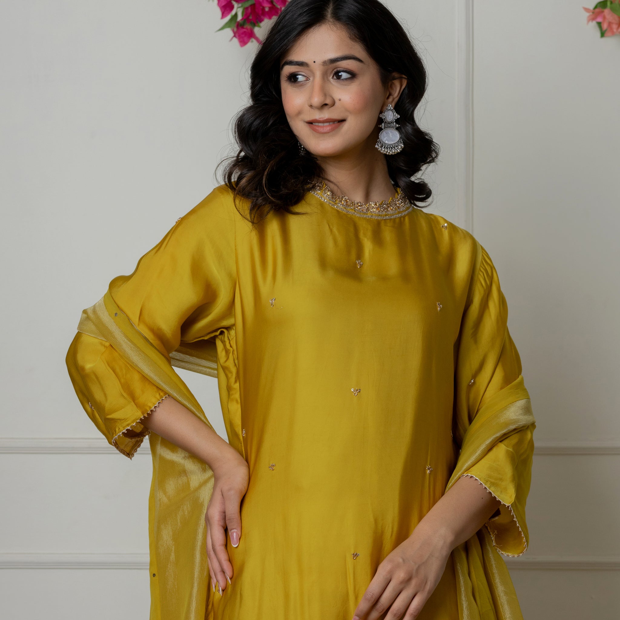 Mustard Zardozi Embellished Kurta Set with Pleated Drape Skirt and Dupatta