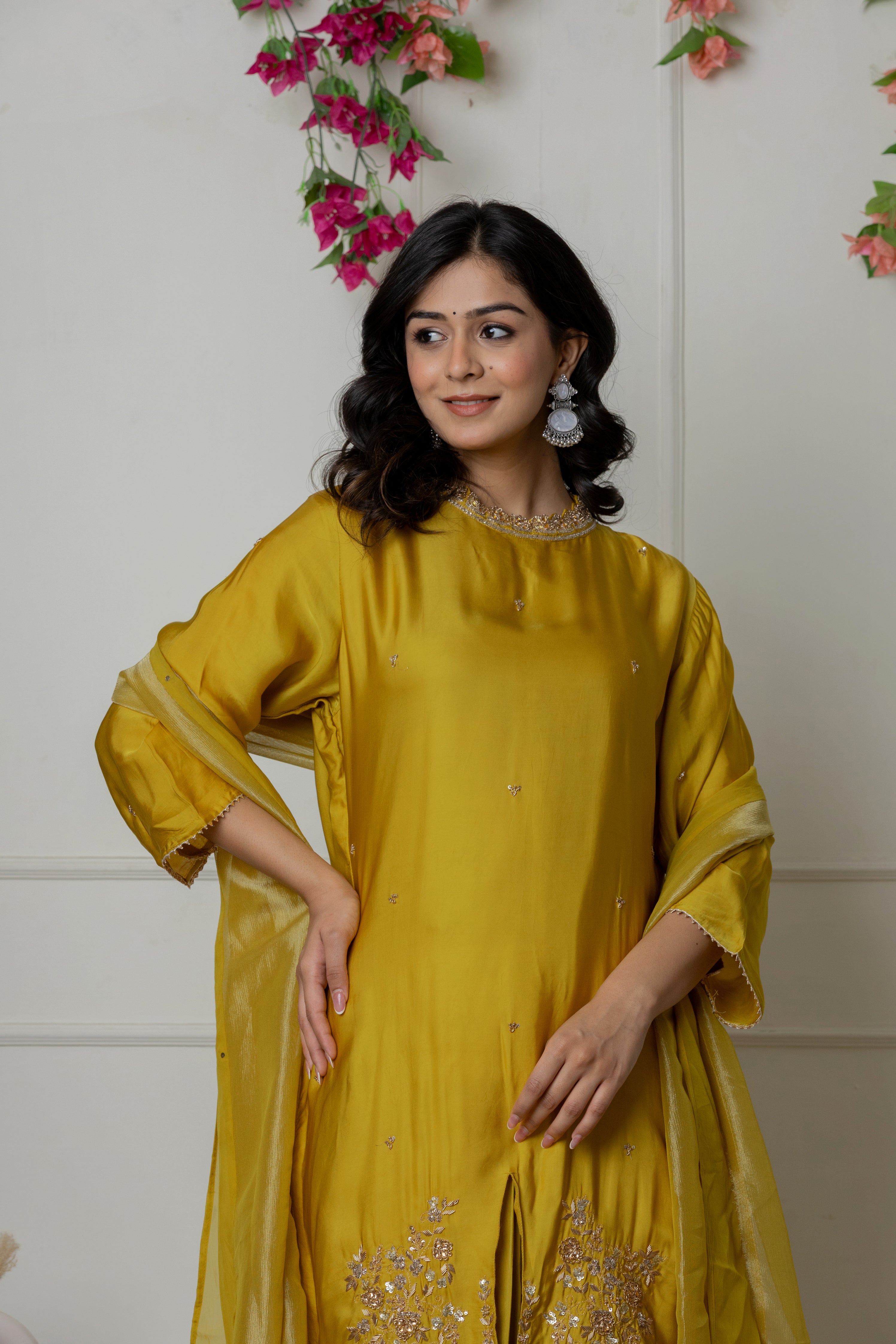 Mustard Zardozi Embellished Kurta Set with Pleated Drape Skirt and Dupatta