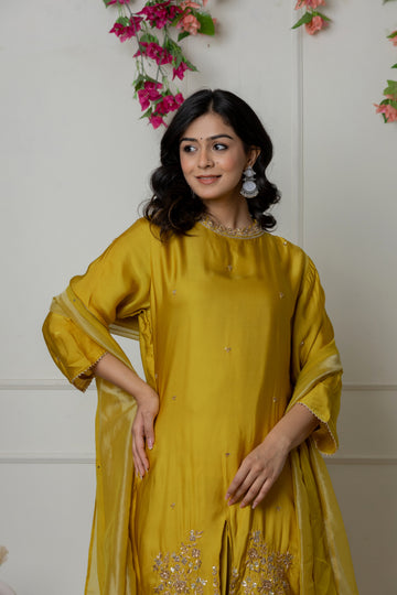 Mustard Zardozi Embellished Kurta Set with Pleated Drape Skirt and Dupatta