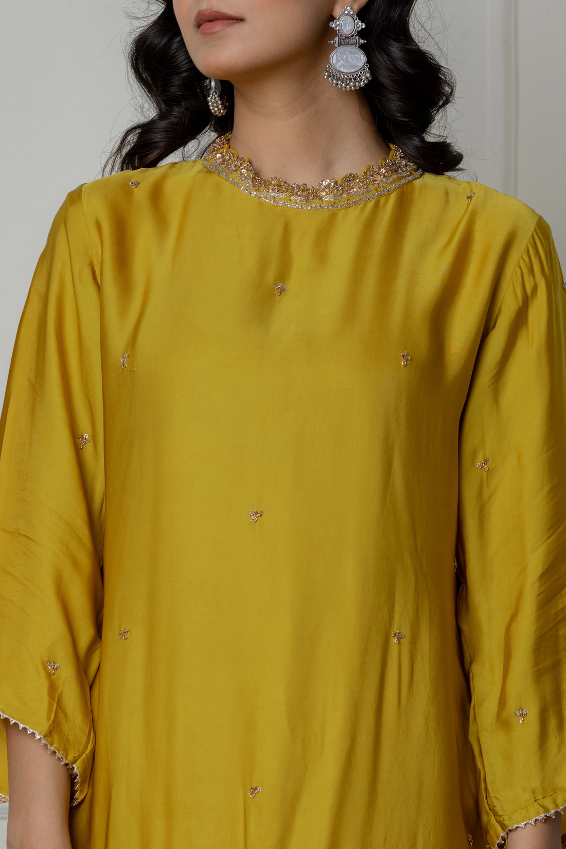 Mustard Zardozi Embellished Kurta Set with Pleated Drape Skirt and Dupatta