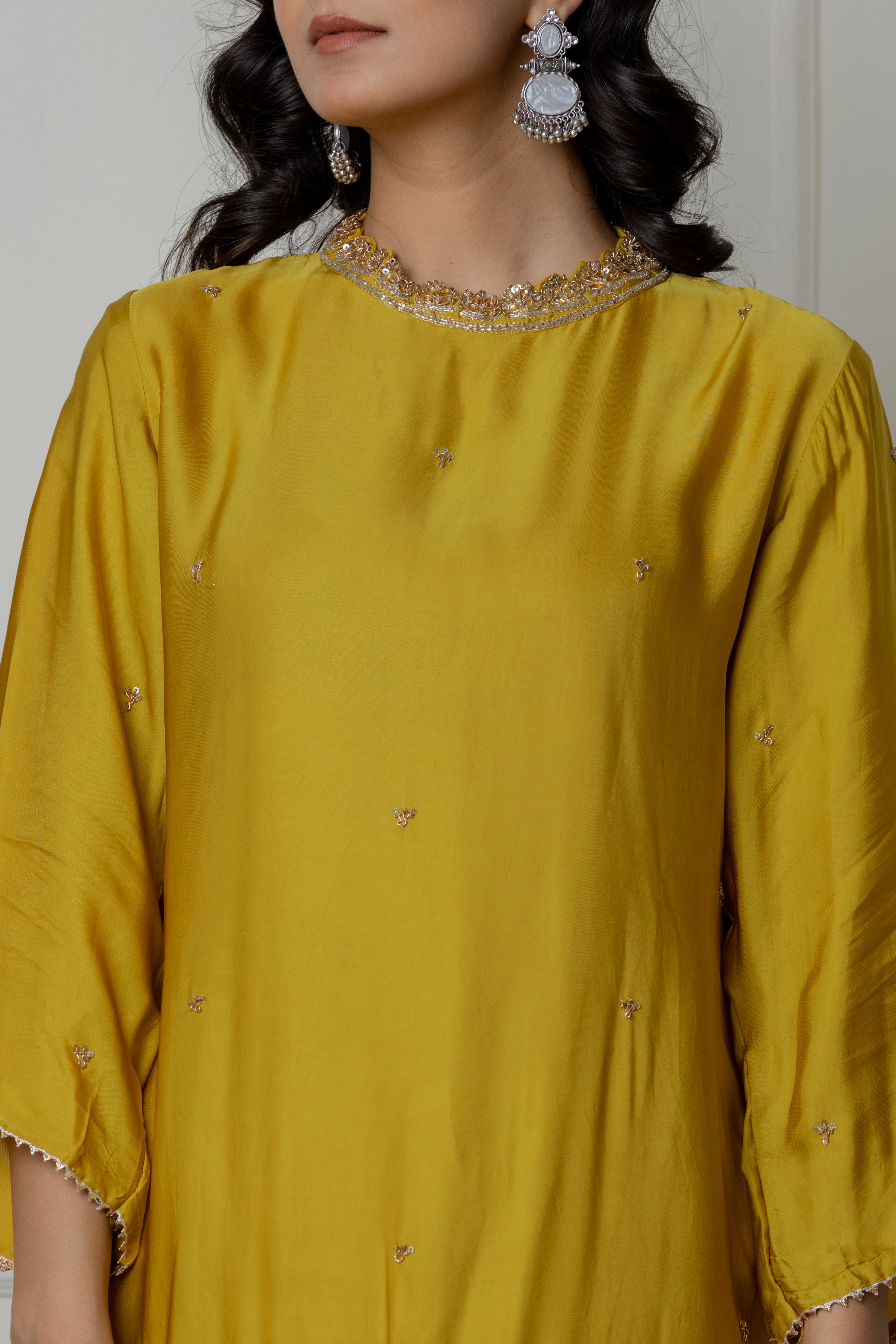Mustard Zardozi Embellished Kurta Set with Pleated Drape Skirt and Dupatta