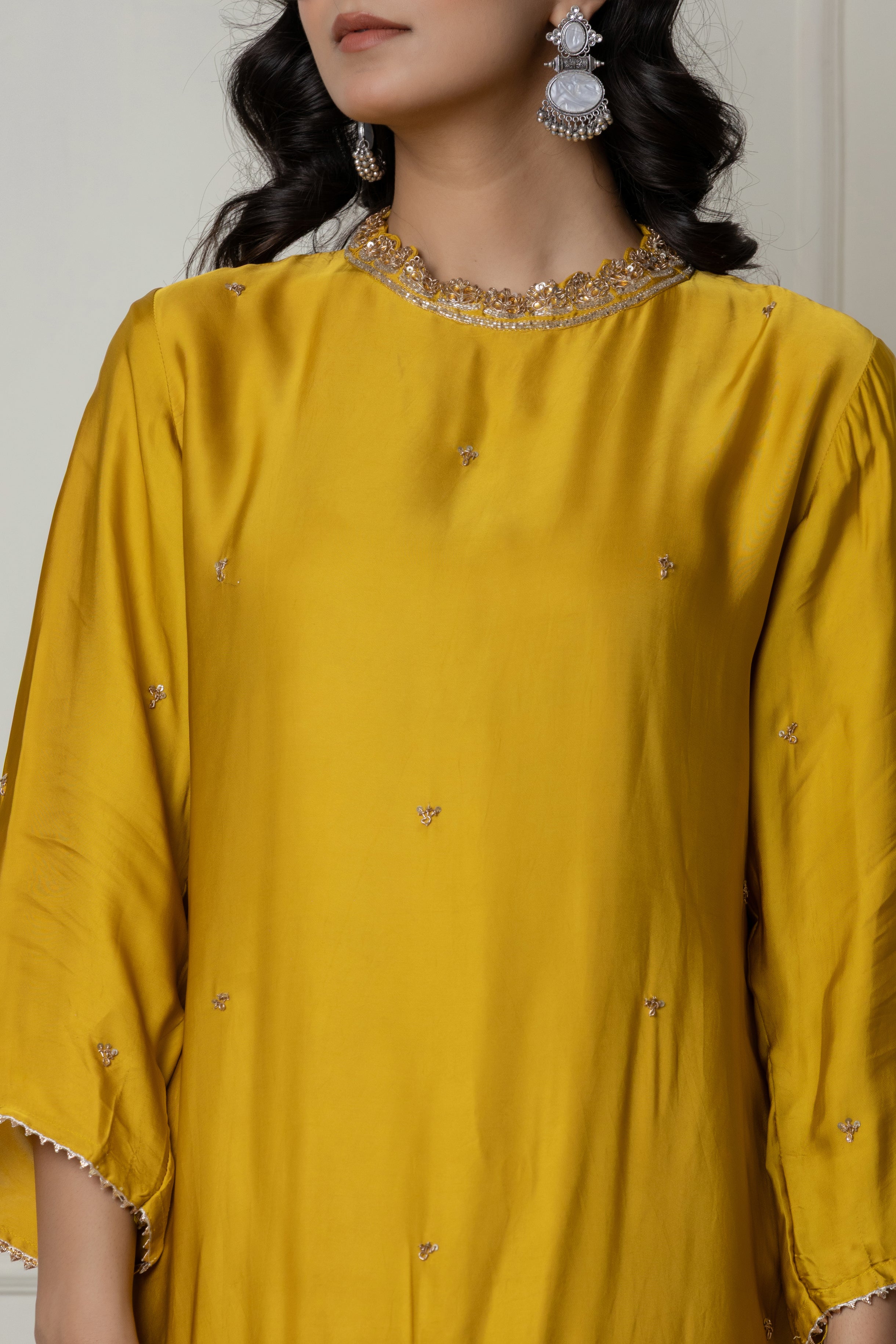 Mustard Zardozi Embellished Kurta Set with Pleated Drape Skirt and Dupatta