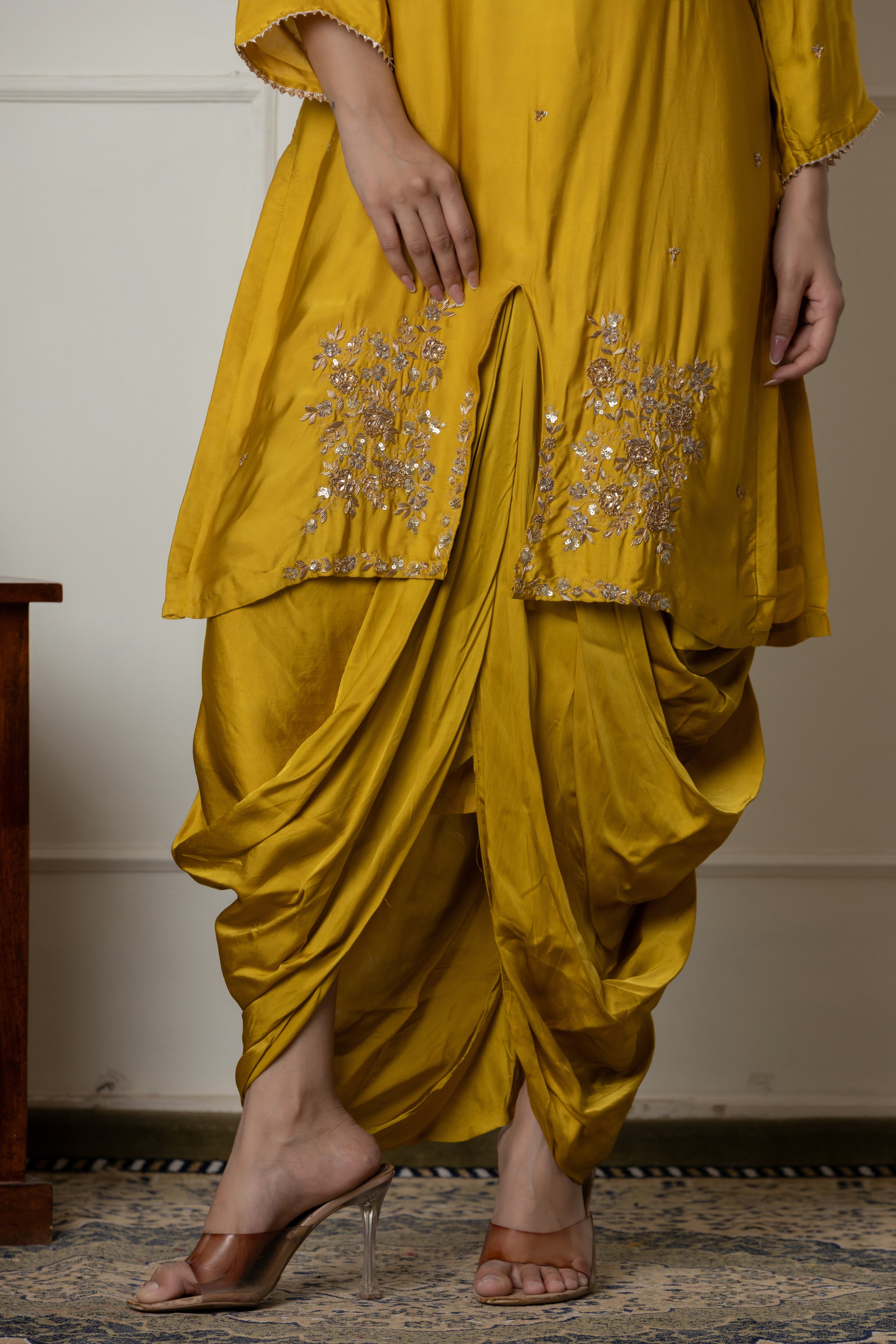 Mustard Zardozi Embellished Kurta Set with Pleated Drape Skirt and Dupatta