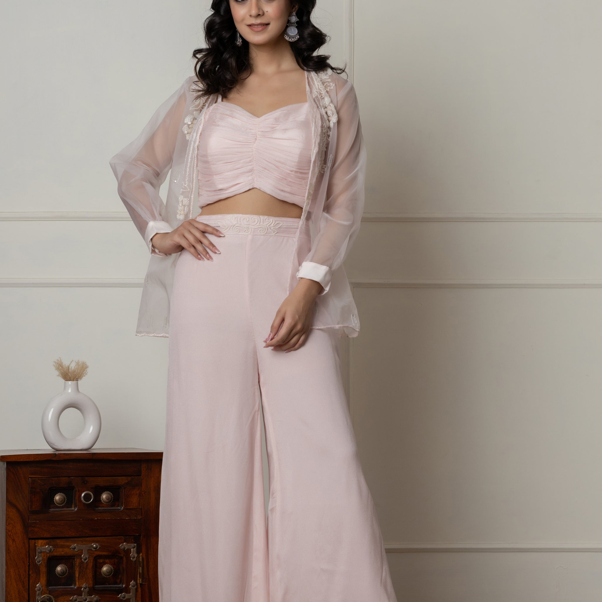 Baby Pink Ruched Bustier Set with Embroidered Organza Jacket