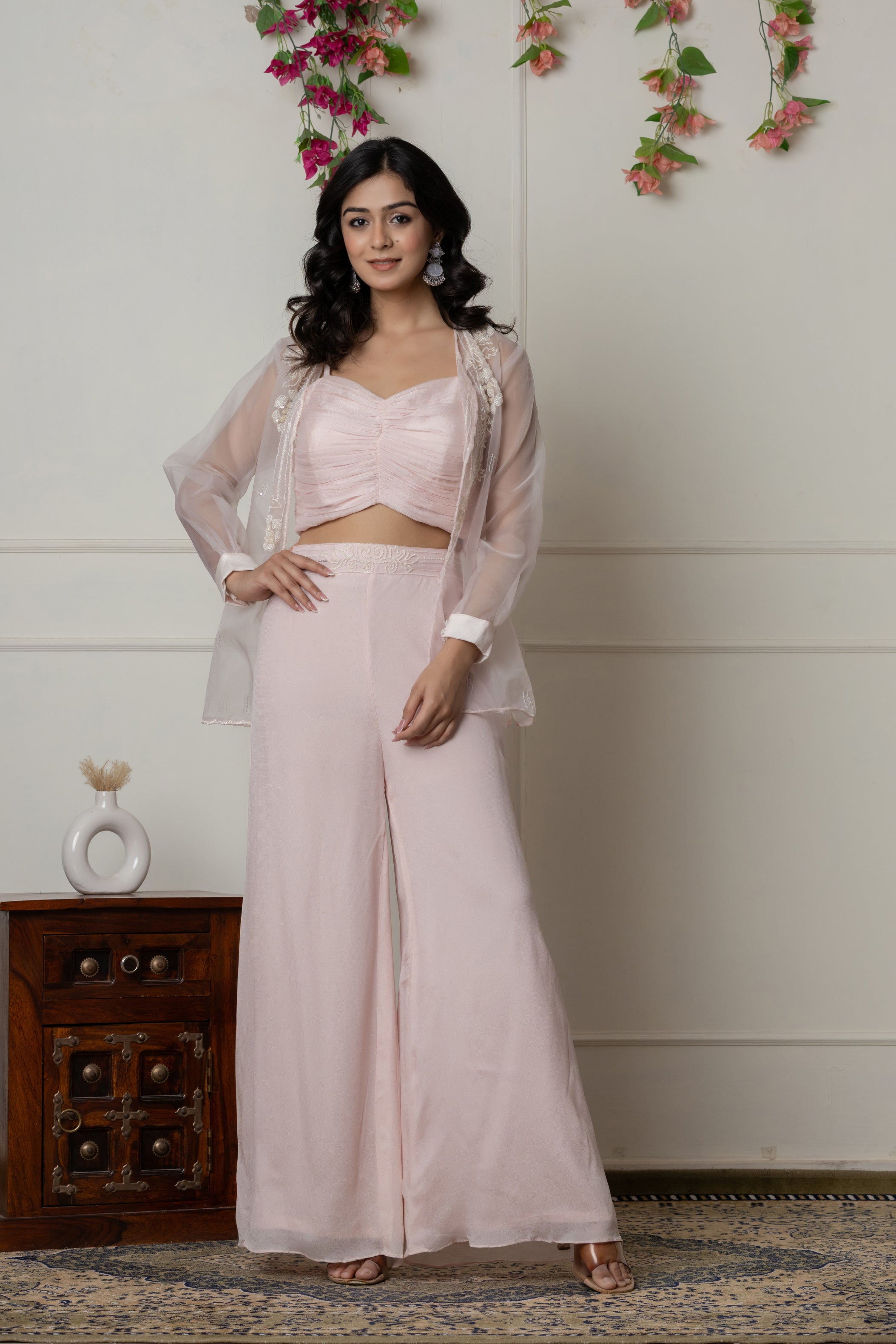 Baby Pink Ruched Bustier Set with Embroidered Organza Jacket