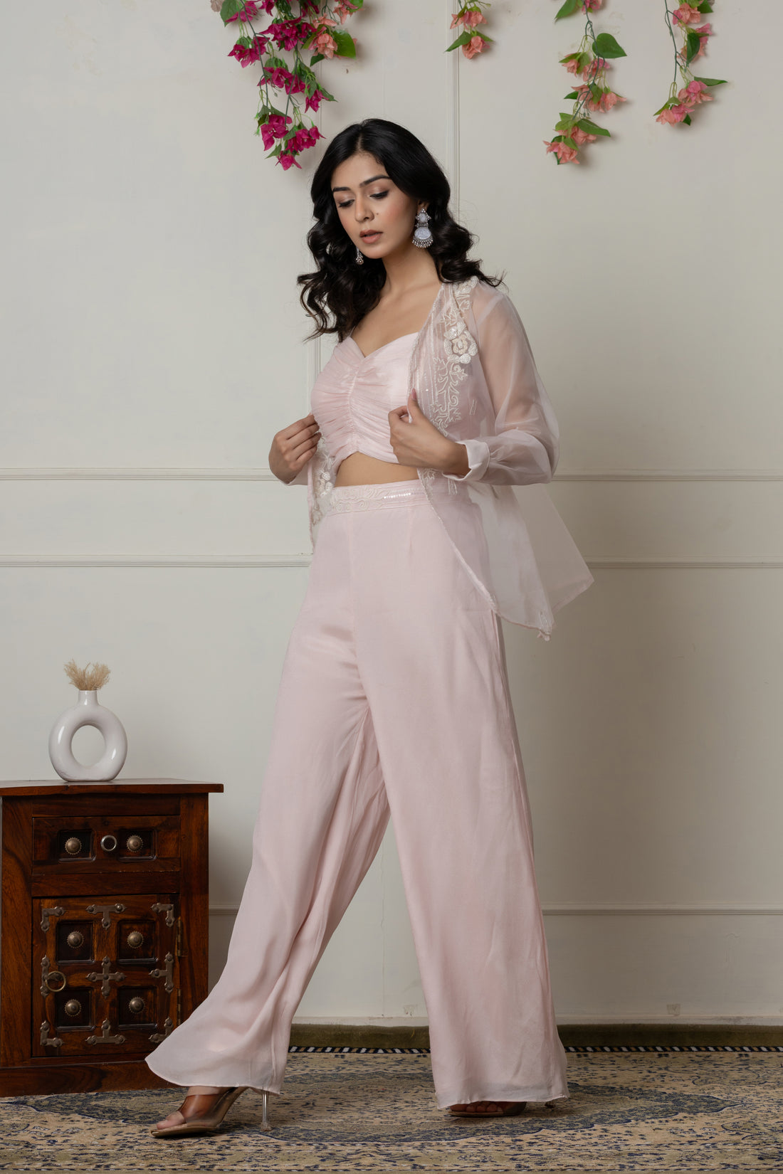 Baby Pink Ruched Bustier Set with Embroidered Organza Jacket