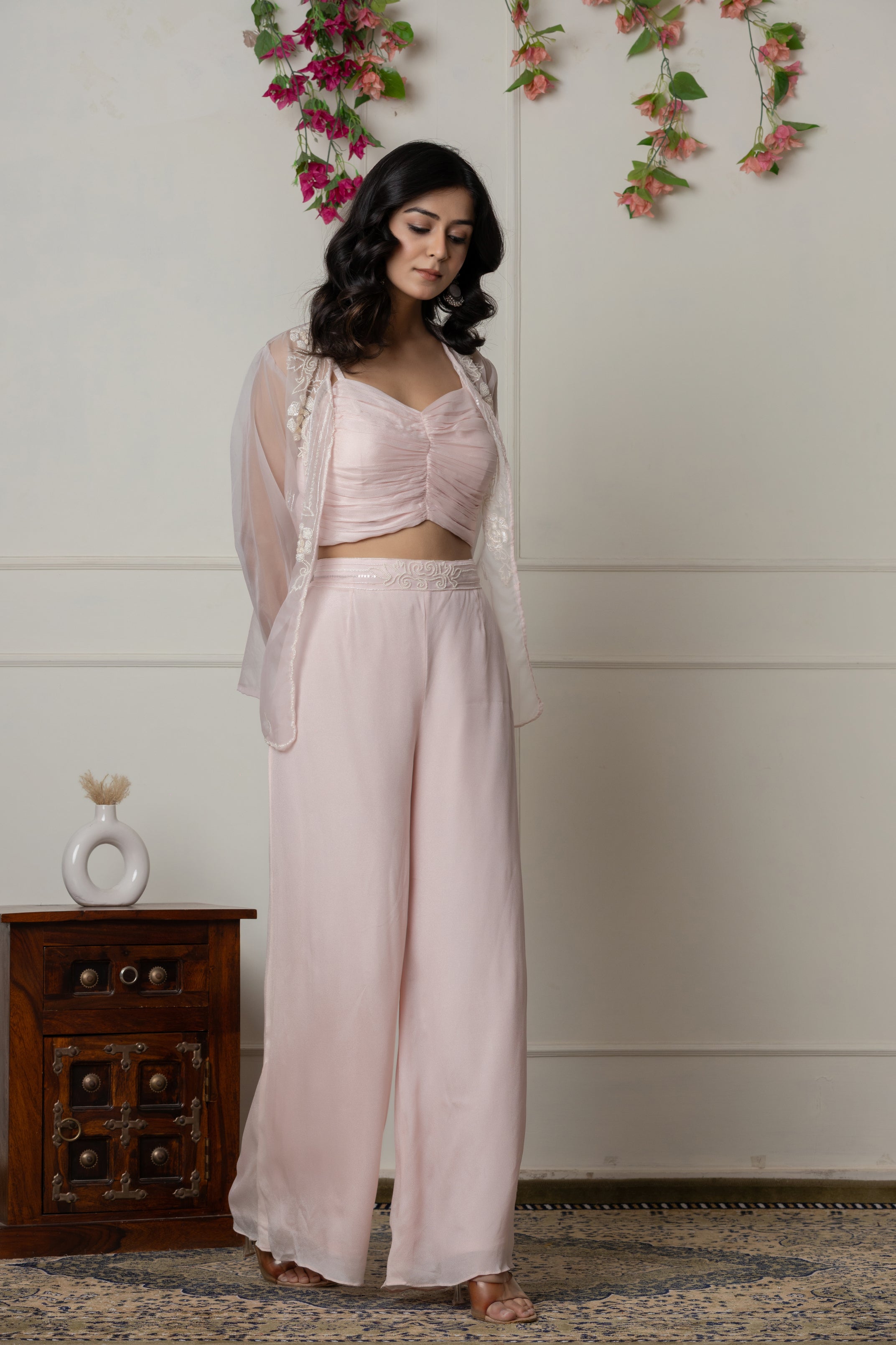 Baby Pink Ruched Bustier Set with Embroidered Organza Jacket