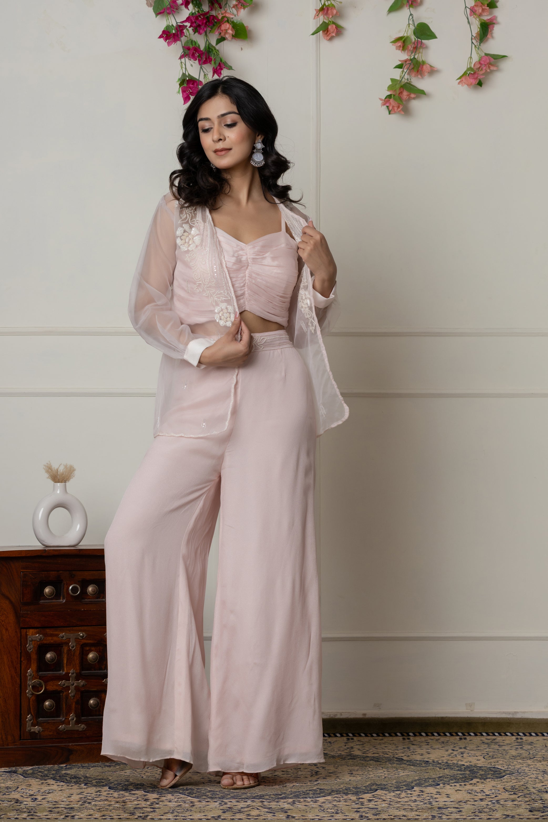 Baby Pink Ruched Bustier Set with Embroidered Organza Jacket