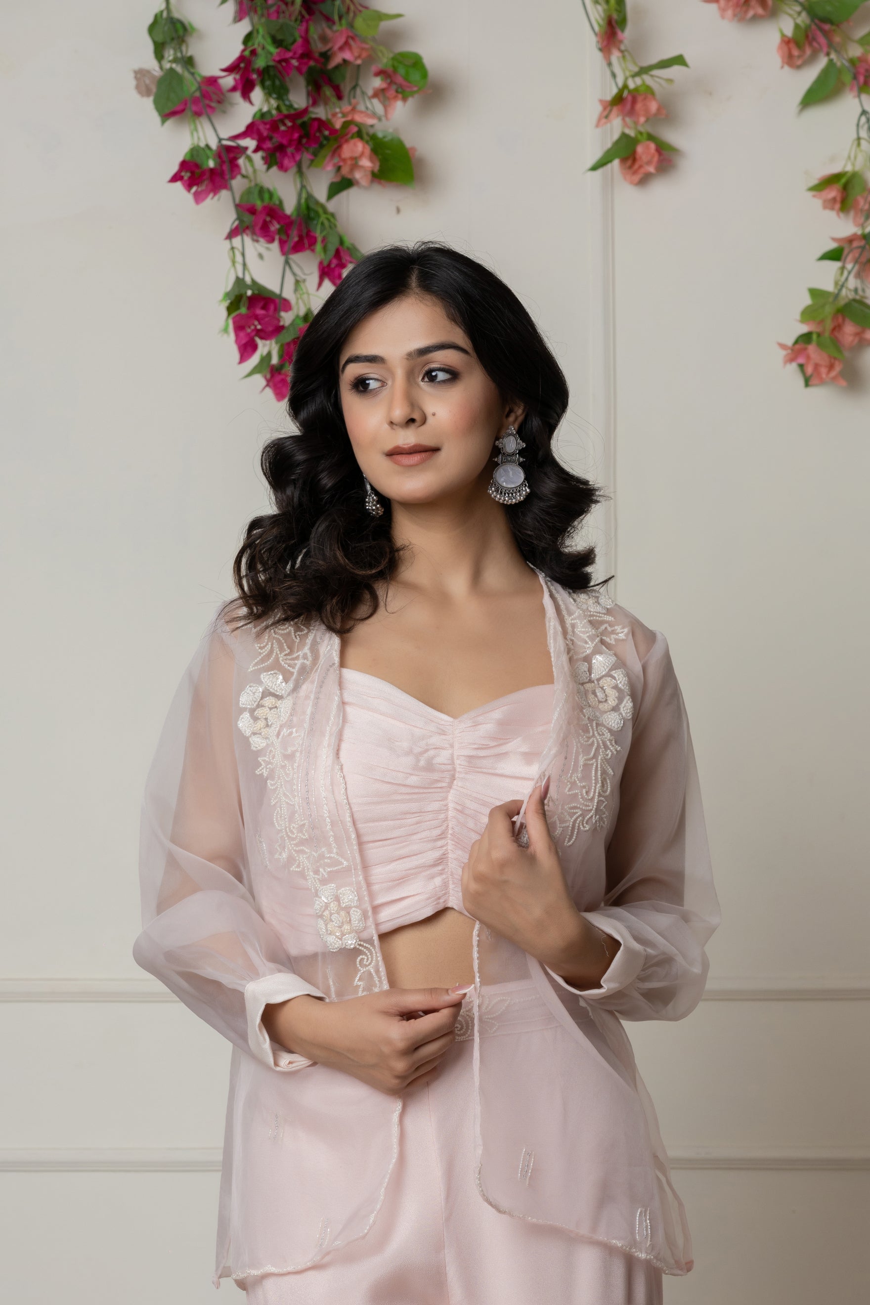 Baby Pink Ruched Bustier Set with Embroidered Organza Jacket