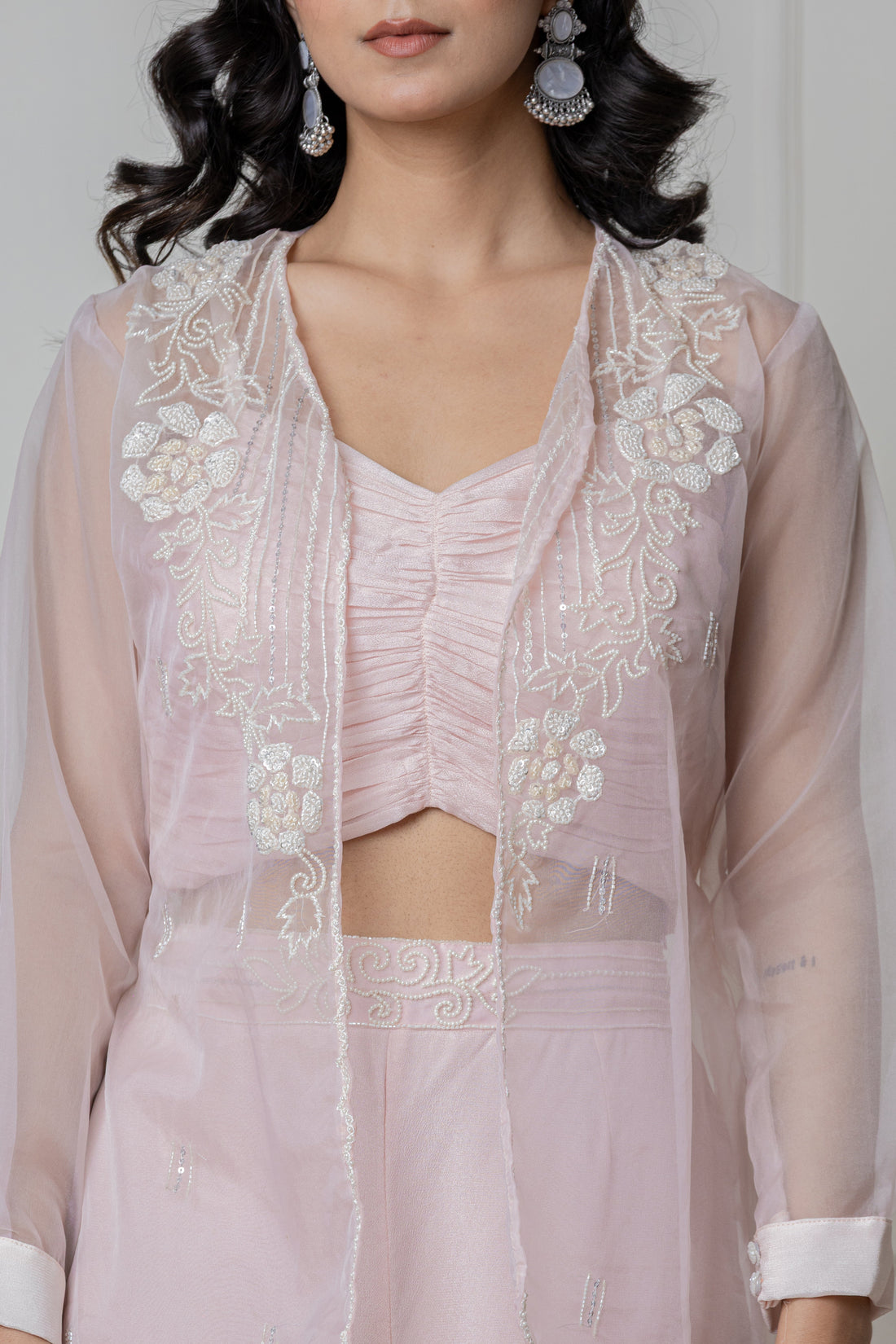 Baby Pink Ruched Bustier Set with Embroidered Organza Jacket