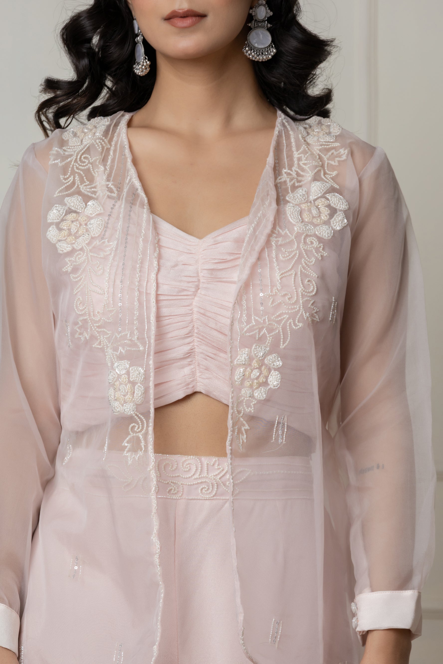 Baby Pink Ruched Bustier Set with Embroidered Organza Jacket