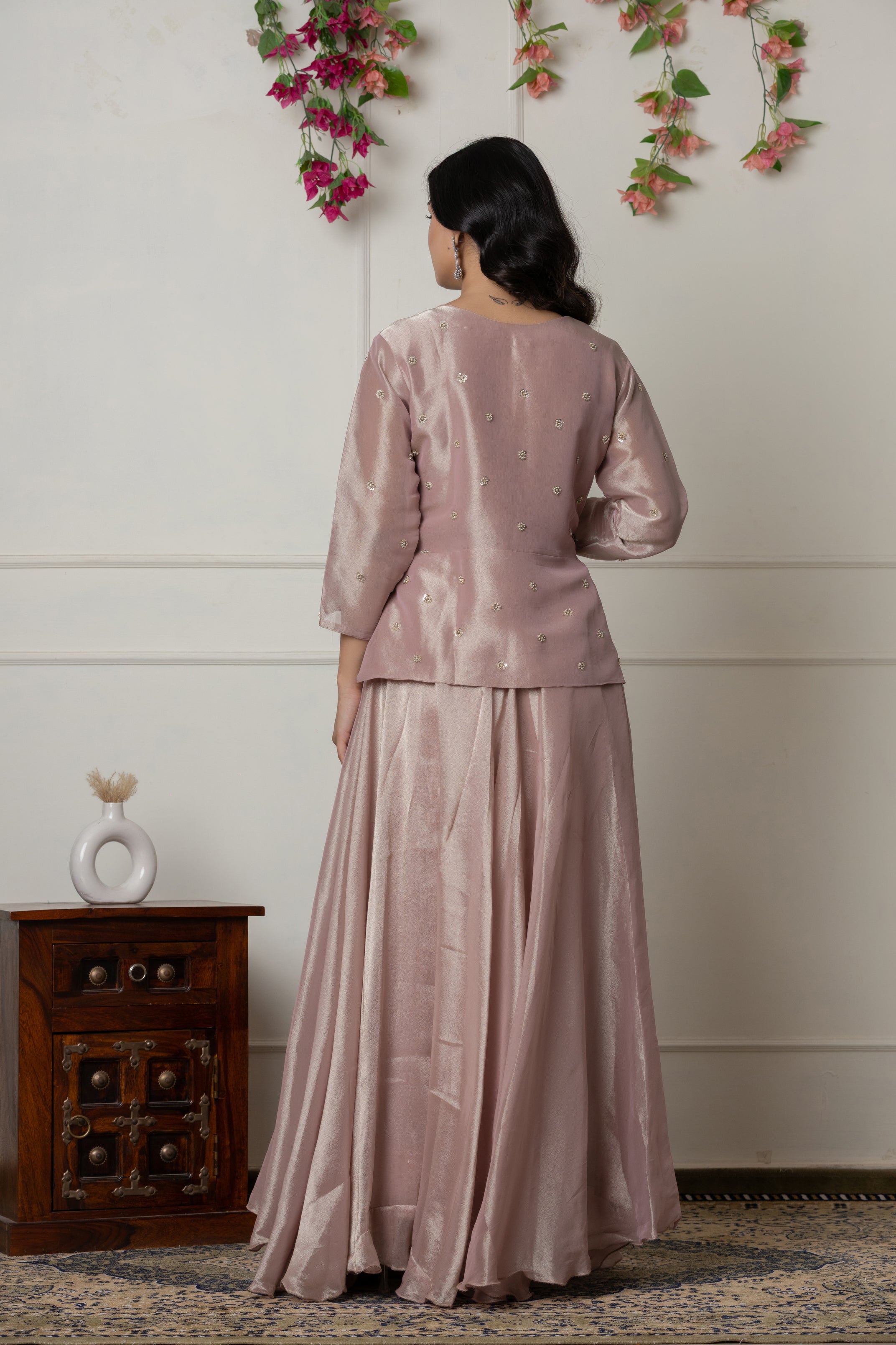 Baby Pink Ruched Bustier Set with Embroidered Organza Jacket