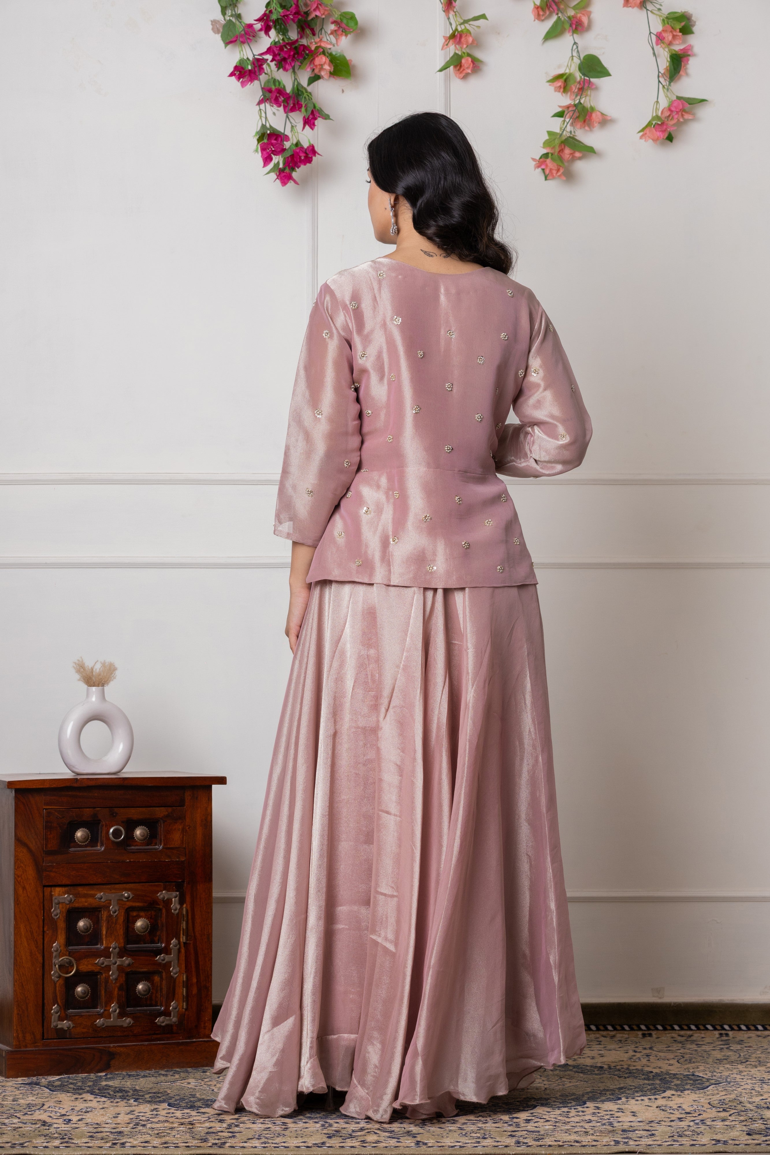 Onion Pink Hand-Embroidered Peplum Jacket with Flared Lehenga and Bandhani Dupatta