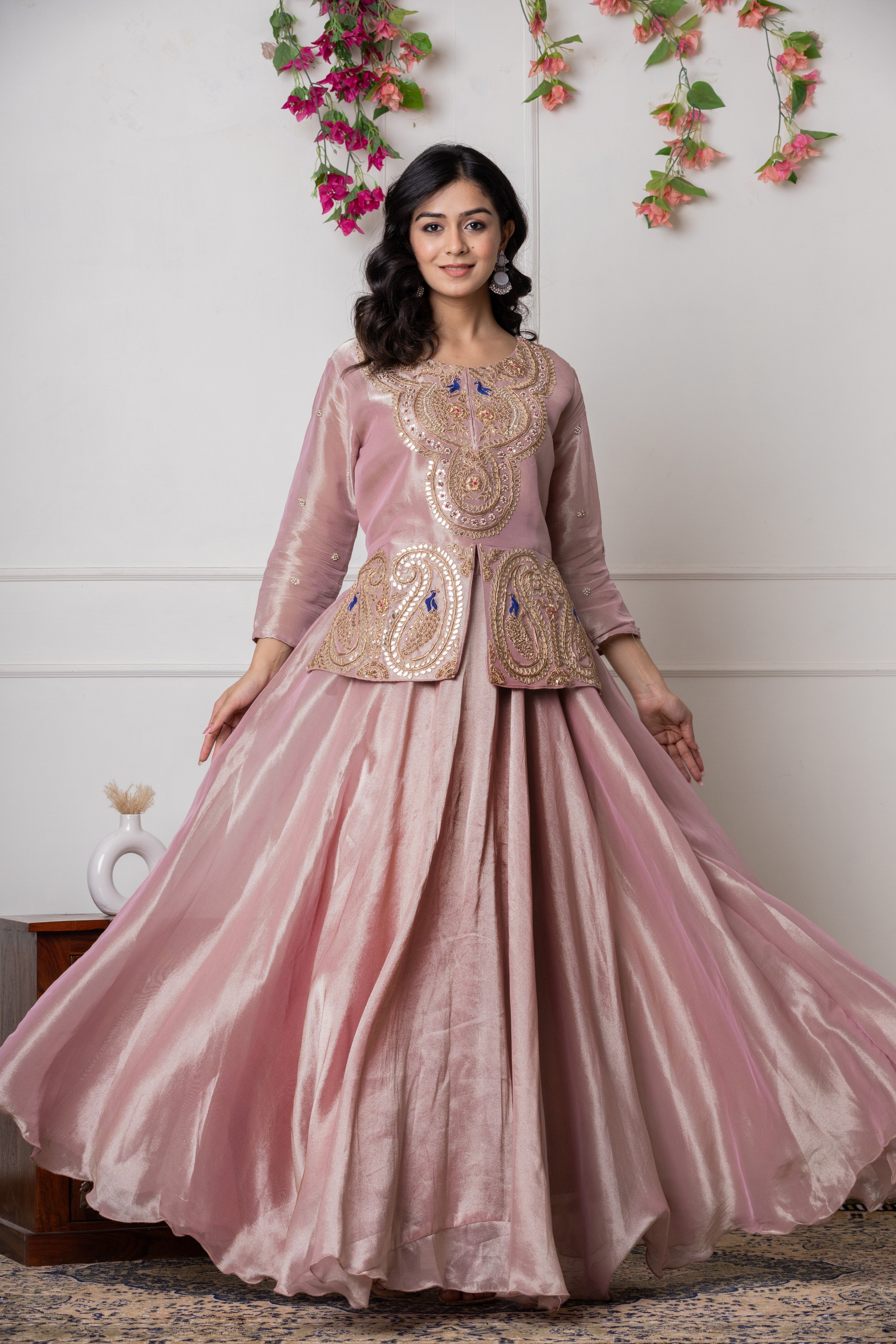 Onion Pink Hand-Embroidered Peplum Jacket with Flared Lehenga and Bandhani Dupatta