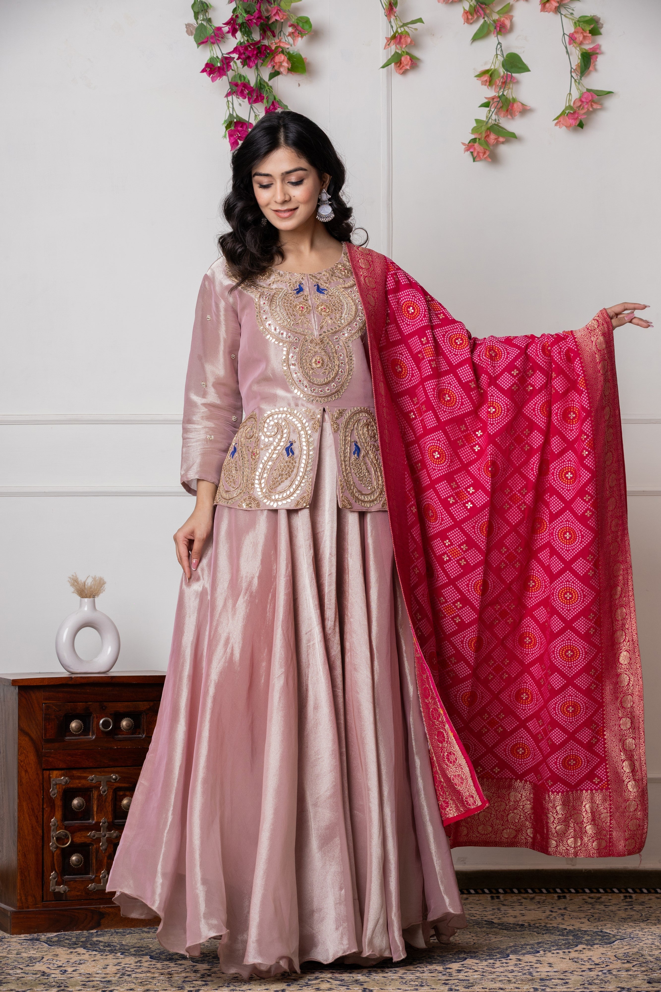 Onion Pink Hand-Embroidered Peplum Jacket with Flared Lehenga and Bandhani Dupatta