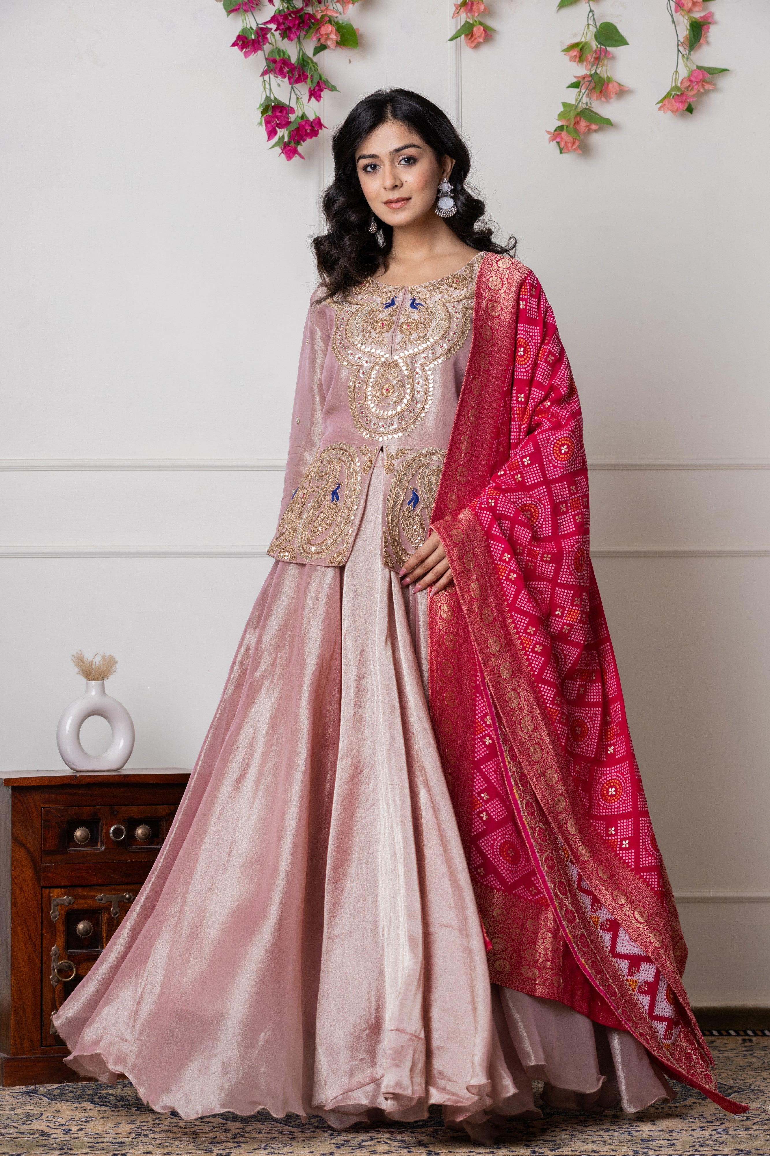 Onion Pink Hand-Embroidered Peplum Jacket with Flared Lehenga and Bandhani Dupatta
