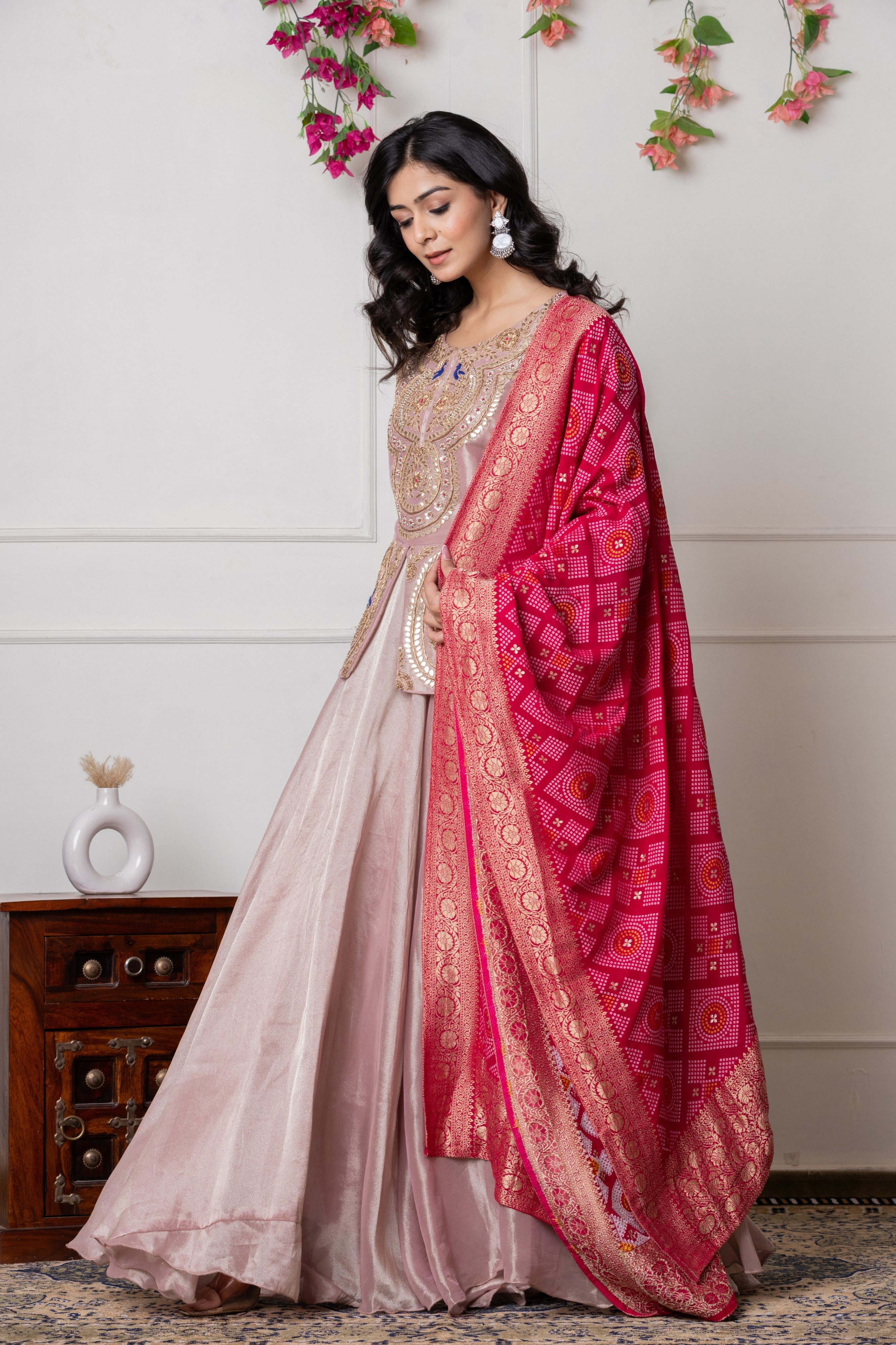 Onion Pink Hand-Embroidered Peplum Jacket with Flared Lehenga and Bandhani Dupatta