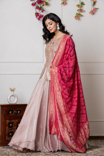 Onion Pink Hand-Embroidered Peplum Jacket with Flared Lehenga and Bandhani Dupatta