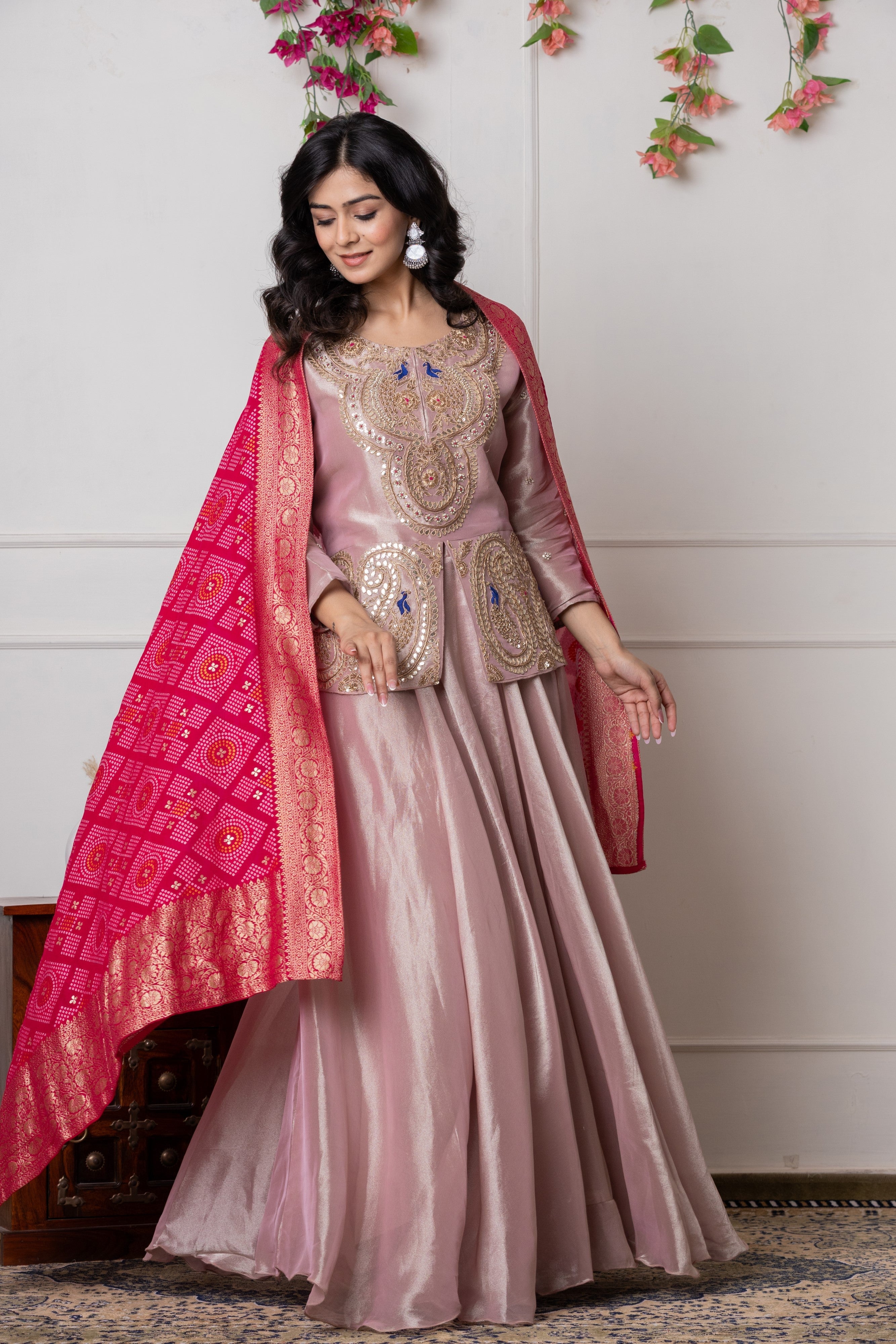 Onion Pink Hand-Embroidered Peplum Jacket with Flared Lehenga and Bandhani Dupatta