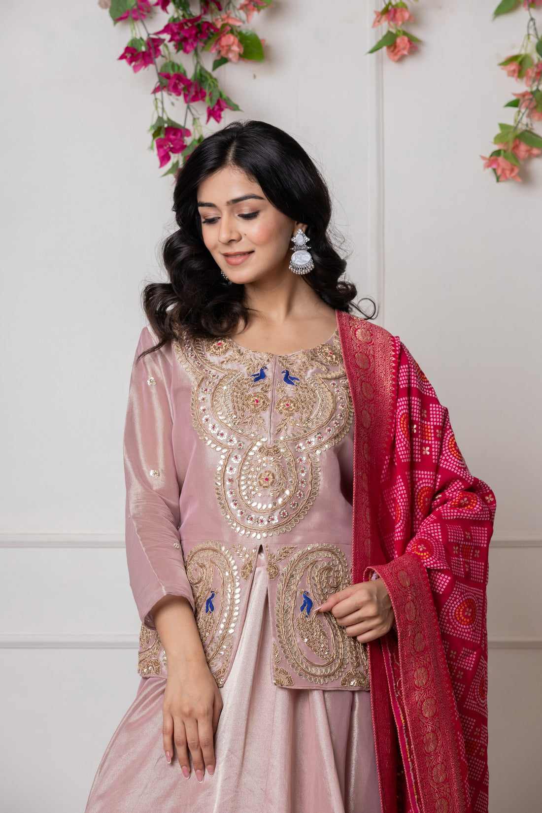 Onion Pink Hand-Embroidered Peplum Jacket with Flared Lehenga and Bandhani Dupatta