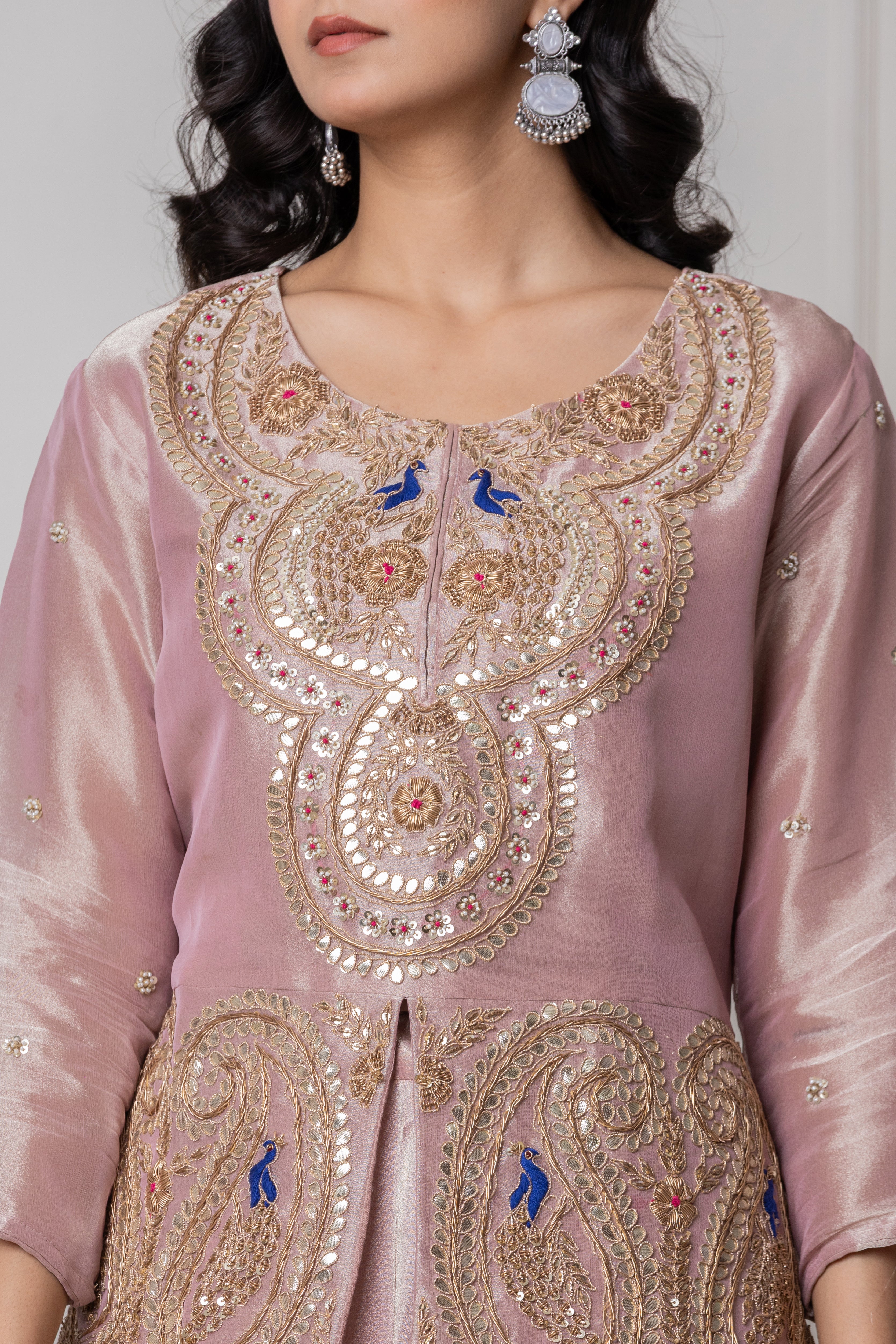 Onion Pink Hand-Embroidered Peplum Jacket with Flared Lehenga and Bandhani Dupatta