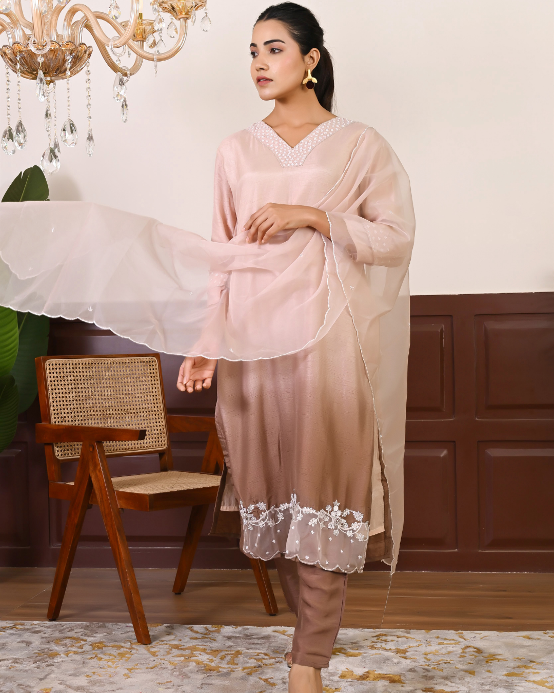 Beige And Brown Ombre Kurta Dupatta Set