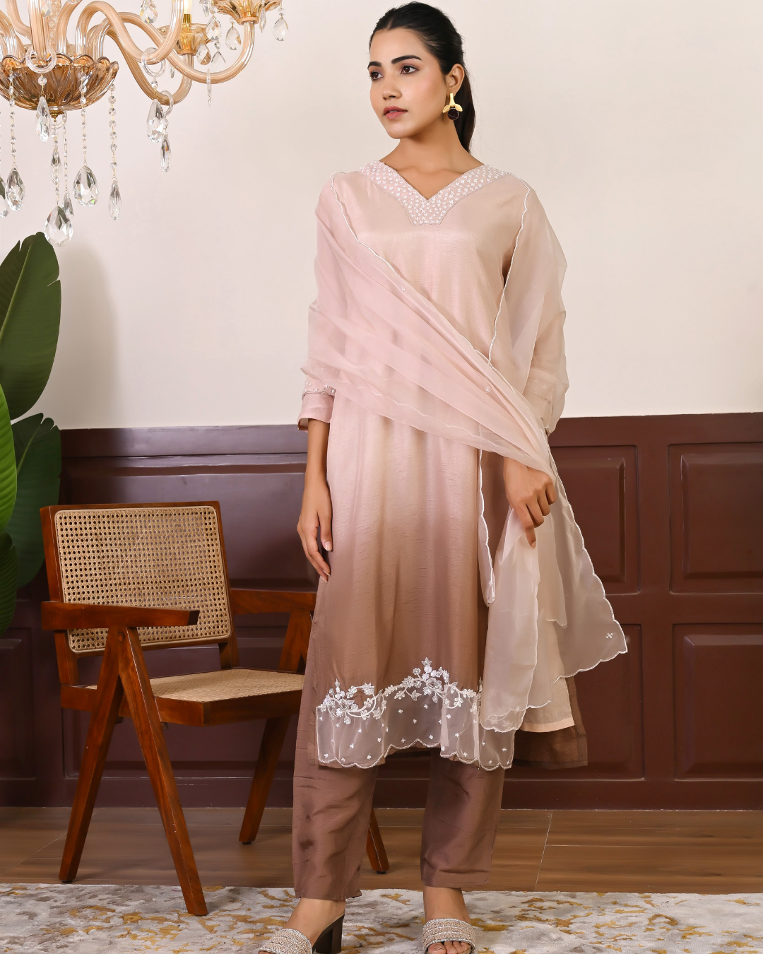 Beige And Brown Ombre Kurta Dupatta Set