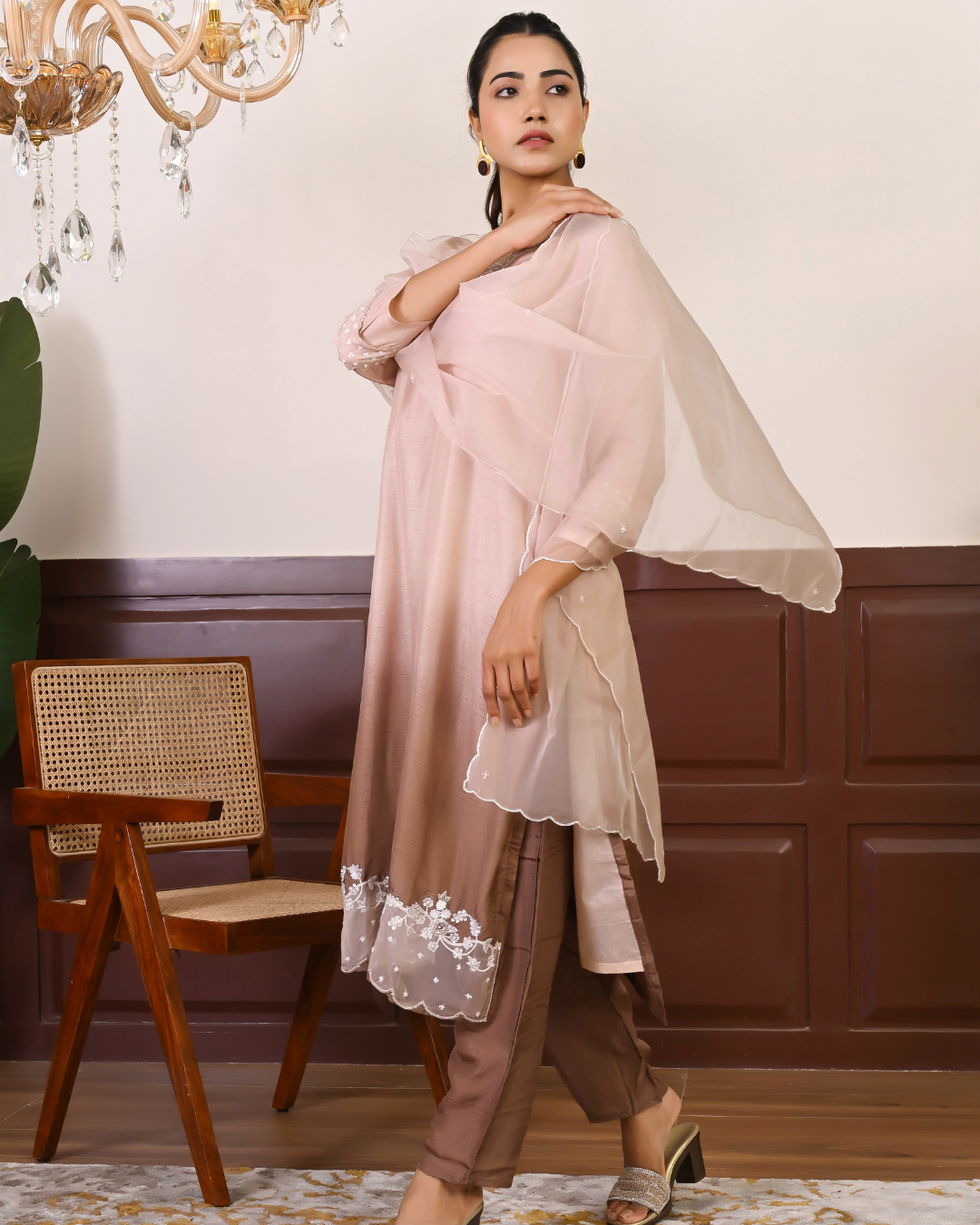 Beige And Brown Ombre Kurta Dupatta Set