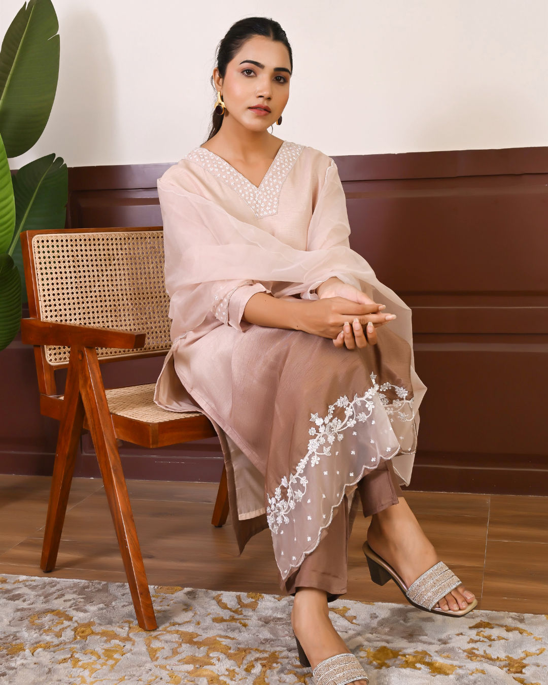 Beige And Brown Ombre Kurta Dupatta Set