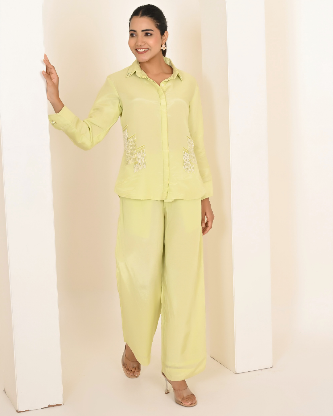 Mint Green Pearl Embroiderd Shirt Set
