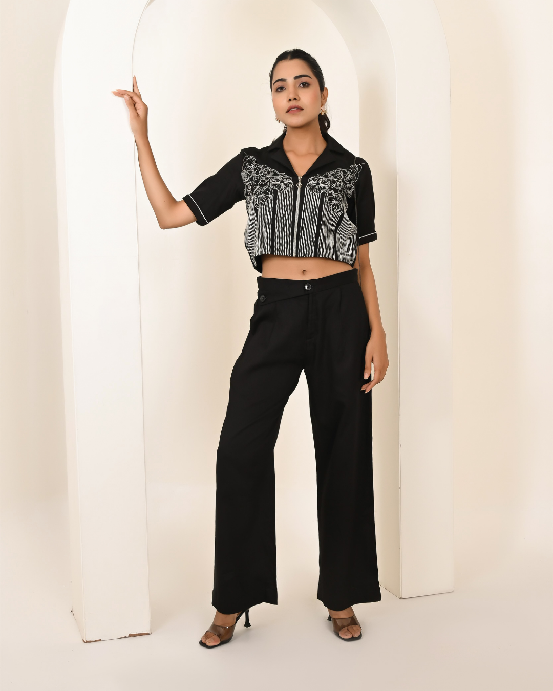 Black Crop Shirt Wide Leg Pants Set