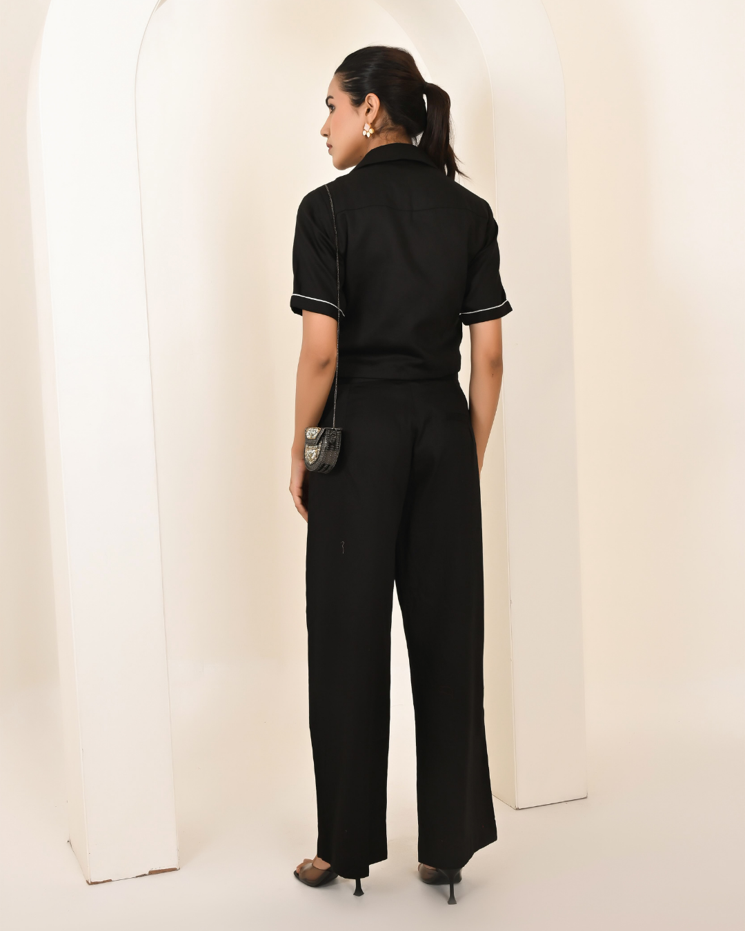 Black Crop Shirt Wide Leg Pants Set