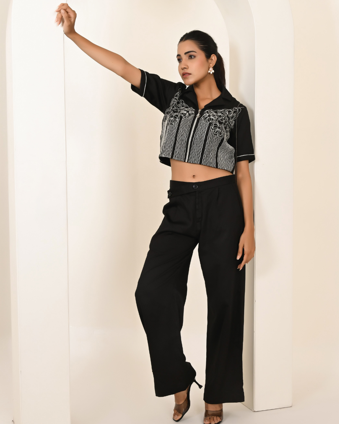 Black Crop Shirt Wide Leg Pants Set