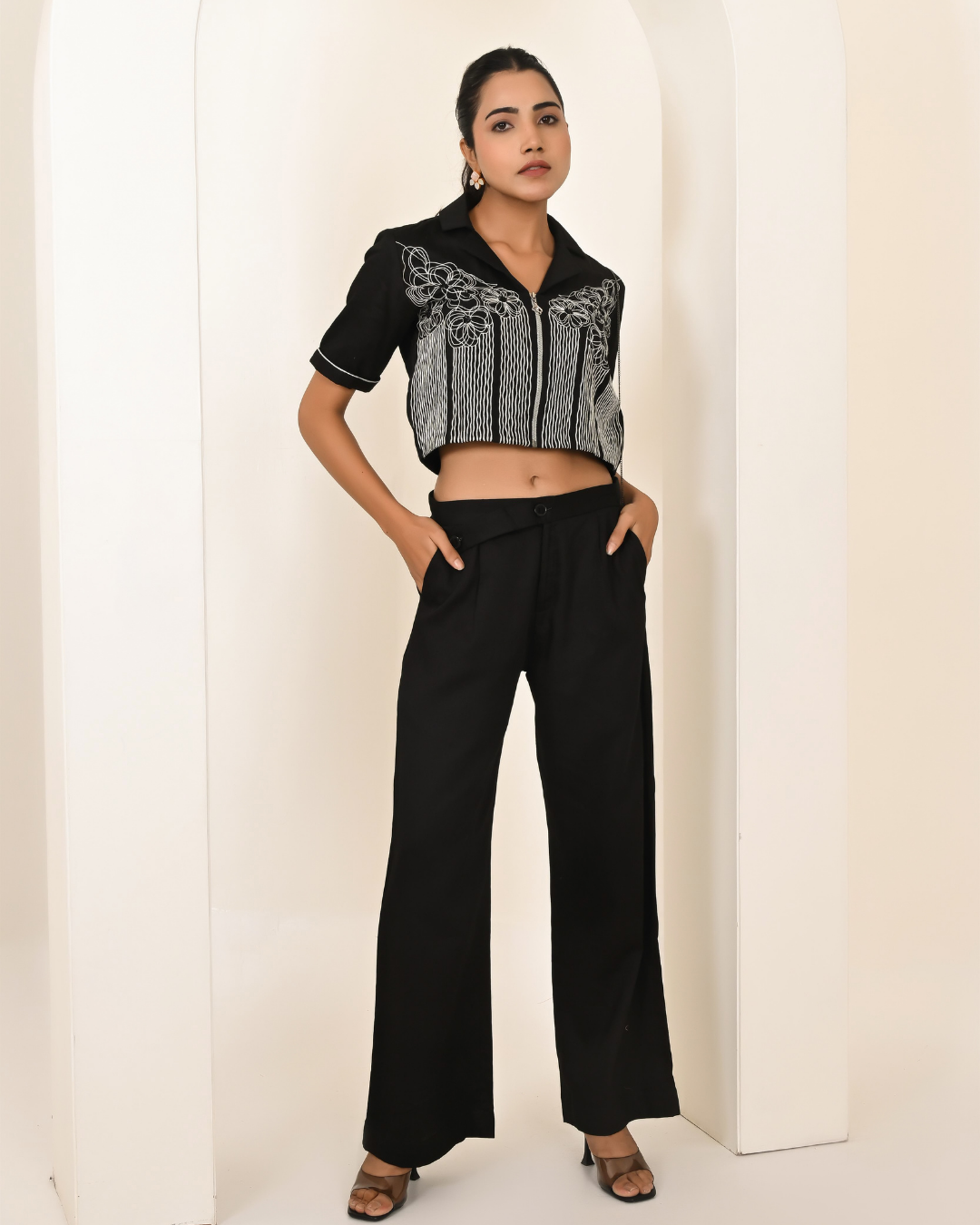 Black Crop Shirt Wide Leg Pants Set